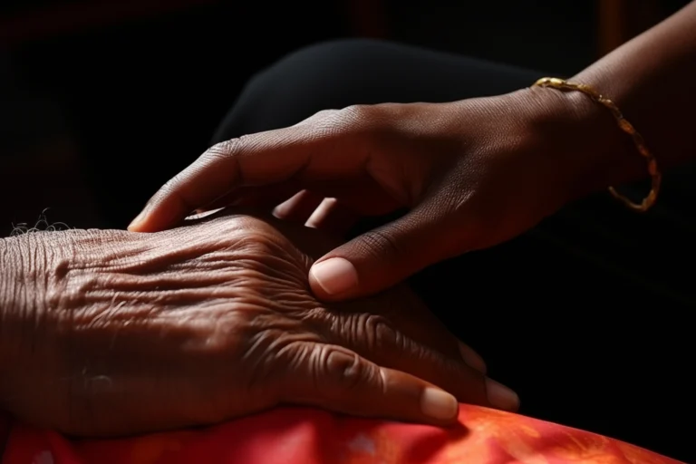 Two hands clasped, a younger hand holding an older hand, demonstrating support during end-of-life discussions.