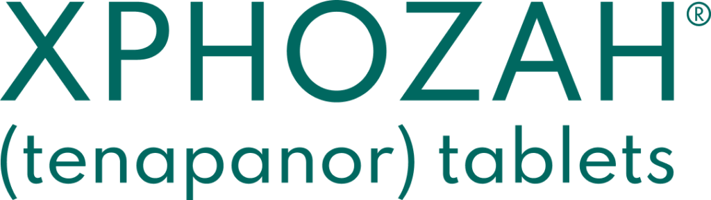The XPHOZAH logo features the medication name in stylized aqua green-blue lettering, highlighting a new treatment option for high phosphate levels in dialysis patients.