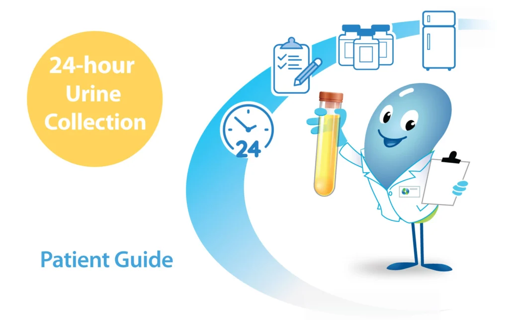 The Kidney Experts' friendly mascot demonstrating proper 24-hour urine collection procedure with container and instructions